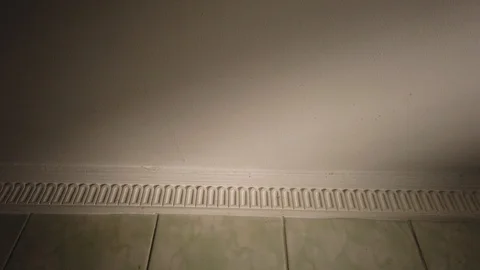 The camera removes the ceiling and then moves to the kitchen cabinets and table. 스톡 동영상 117840156