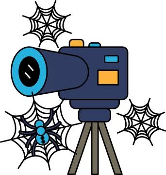 Camera rests on tripod, surrounded by spooky spiderwebs Stock Illustration
