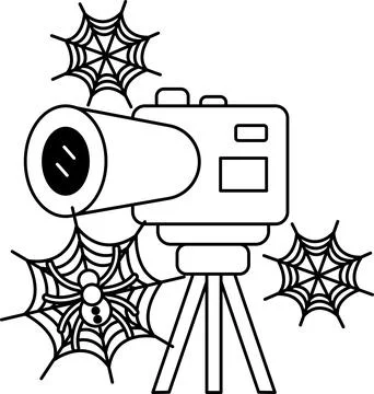 Camera rests on tripod, surrounded by spooky spiderwebs Stock Illustration