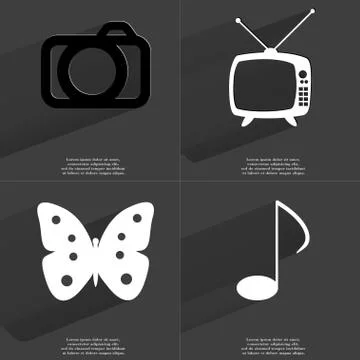 Camera, Retro TV, Butterfly, Note icon sign. Set of Symbols with Flat design  Stock Illustration