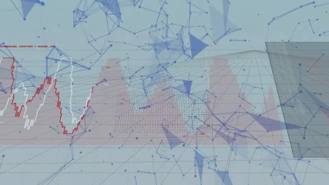 Camera revealing blue node network shifting upward while red-white waveform Vidéo 334744484
