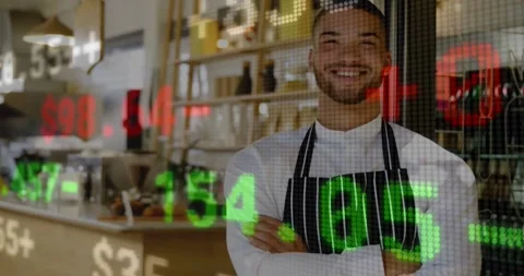 Camera revealing, cafe owner standing arms crossed, tickers scrolling and Stock Footage 333903134