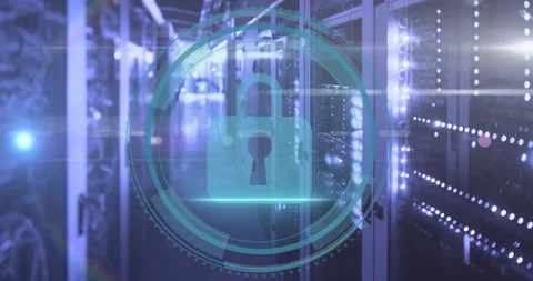 Camera revealing hall Cyber Security text fading ring expanding padlock glowing Stock Footage 312655471