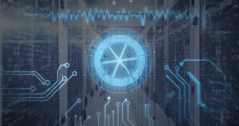 Camera revealing racks streaming code while interface circle fading rotating Stock Footage 317260545