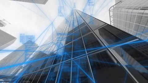 The camera revolves around a business tower that emits multiple streams of Video stock 246653280