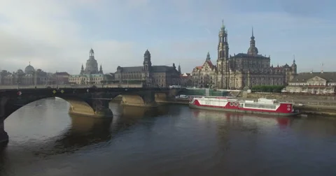 Camera rises over Elbe to show Zwinger in Dresden Stock Footage 65774987