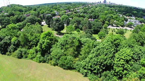 Camera rises up to reveal city in background over trees Stock Footage 57751742