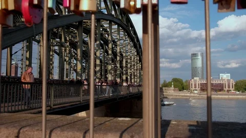 Camera rises to reveal DB Intercity train crossing Hohenzollernbrucke Stock Footage 90849497