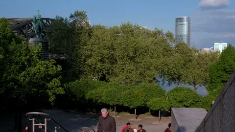 Camera rises to reveal the Rhine river and Hohenzollernbrucke Stock Footage 90848604