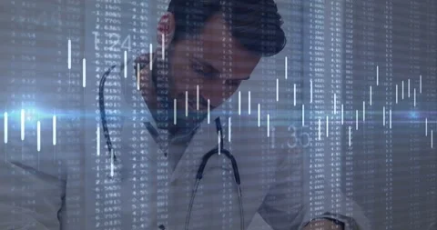 Camera rising, doctor leaning forward, writing by laptop for care, overlaying Stock Footage 333968292