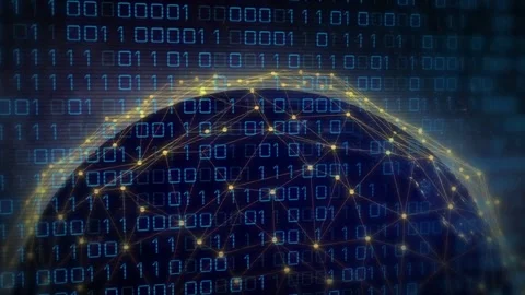 Camera rising, revealing Earth half, gold nodes blinking, arcs sweeping, binary Stock Footage 334337869