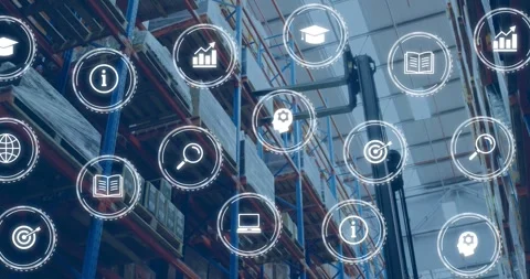 Camera rising up warehouse aisle, racking showing holographic inventory nodes Stock Footage 331085336