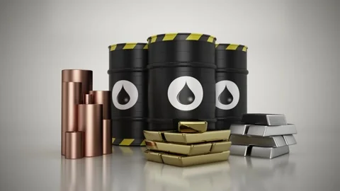 Camera rotates around oil barrels, copper rods, gold and silver bars Stock Footage 294178649