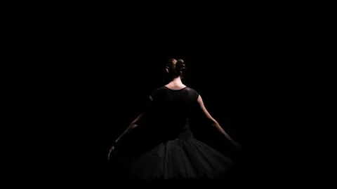 Camera rotates around young flexible ballerina in black tutu. Feminine female Video stock 147554874