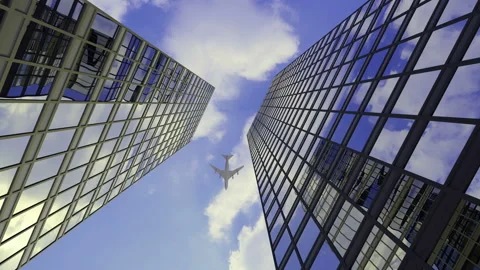 Camera Rotating and Plane Flying over Skyscrapers 3D Animation Stock Footage 138202121
