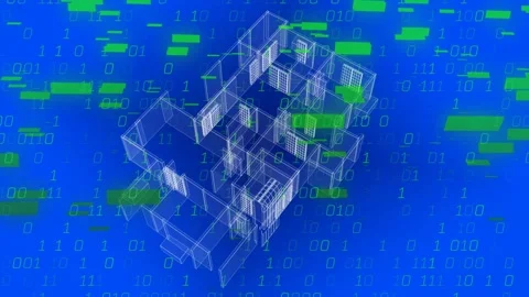 Camera rotating and zooming out, white floorplan tilting while green bars and Stock Footage 328657131