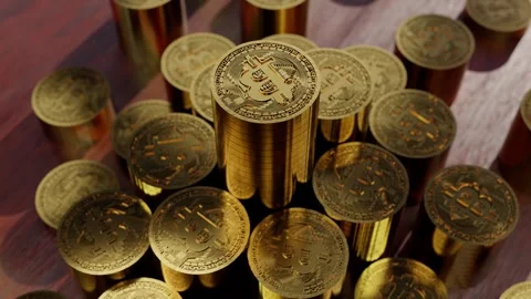 Camera Rotating Around A Stack Of Bitcoin Coins - Crypto - BTC -Bit Coin Stock Footage 251731003