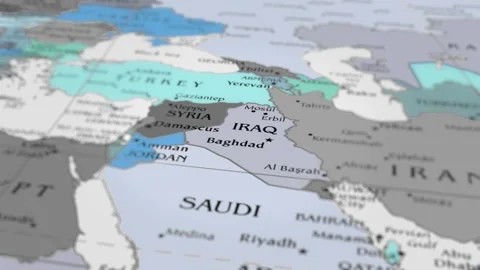 The camera rotating around syria on the world map takes the focus. Video stock 297375763