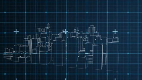 Camera rotating around wireframe 3D city on grid, collapsing into outlines, Vídeos de archivo 310969883