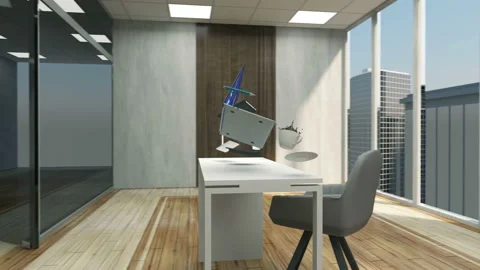 Camera Rotating around Workplace with Levitating Office Equipment Stock Footage 153207337