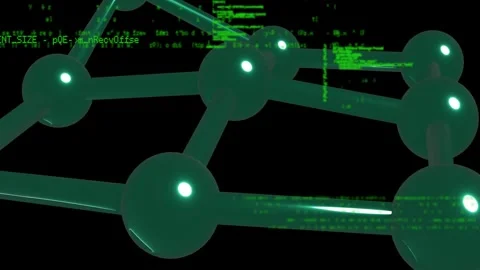 Camera rotating downward, revealing green node lattice while code streaming and 스톡 동영상 329453531