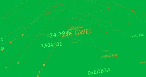 Camera rotating left-up showing grid with crypto data, dashed arcs and labels on Stock Footage 329532235
