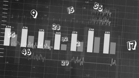 Camera rotating right, bars emerging and growing, numbers drifting and blurring, Stock Footage 329751920