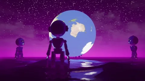 Camera rotation animation with earth globe and four robots standing arround. Stock Footage 233304197