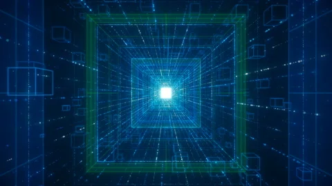 Camera running into a blue lines holographic tunnel background loop Видео 134822848