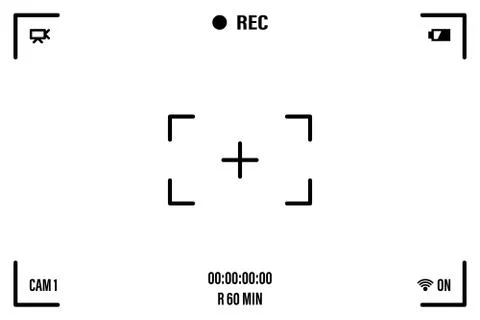 Camera screen with white frame, figures and battery symbol. Camcorder viewfin Stock Illustration