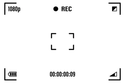 Camera screen with white frame, figures and battery symbol. Camcorder viewfin Stock Illustration