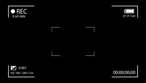 Camera screen with white frame, figures and battery symbol. Camcorder viewfin Stock Illustration