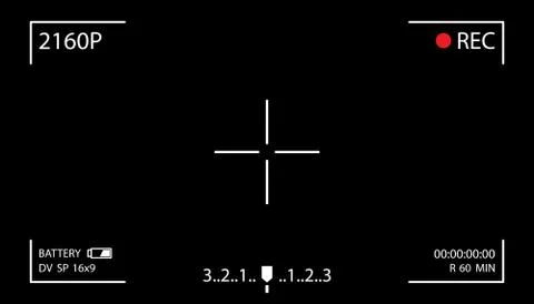 Camera screen with white frame, figures and battery symbol. Camcorder viewfin Stock Illustration