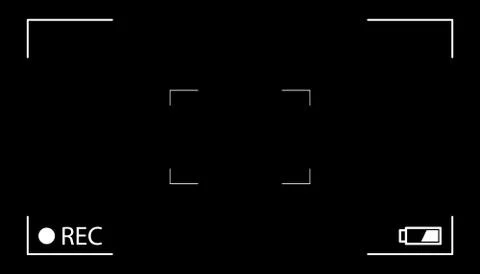 Camera screen with white frame, figures and battery symbol. Camcorder viewfin Stock Illustration