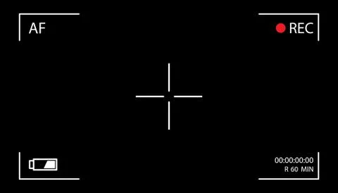 Camera screen with white frame, figures and battery symbol. Camcorder viewfin Stock Illustration