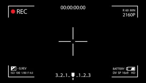 Camera screen with white frame, figures and battery symbol. Camcorder viewfin Stock Illustration