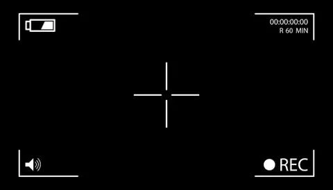 Camera screen with white frame, figures and battery symbol. Camcorder viewfin Stock Illustration