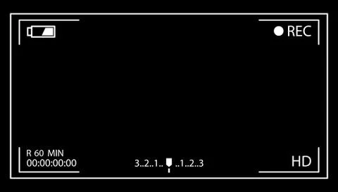 Camera screen with white frame, figures and battery symbol. Camcorder viewfin Stock Illustration