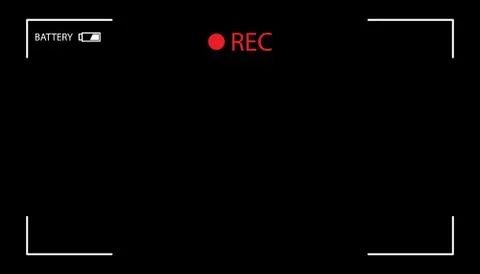 Camera screen with white frame, figures and battery symbol. Camcorder viewfin Stock Illustration