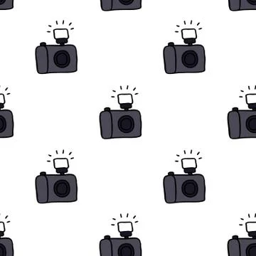 Camera seamless doodle pattern, vector hand draw illustration Stock Illustration