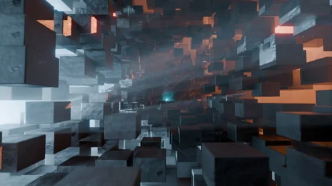 Camera Seamless Flythrough Epic Sci-Fi Tunnel Made Of Blocks Stock Footage 261158289