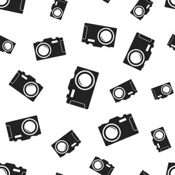 Camera seamless pattern background. Business flat vector illustration. Photoc Stock Illustration