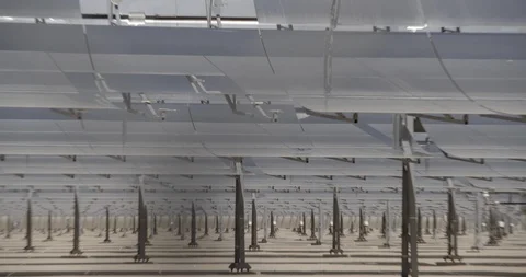 Camera Searches Solar Panel Mirrors in Desert Stock Footage 89942836