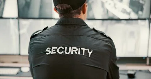 Camera, security and back of person on computer screen for surveillance Foto stock