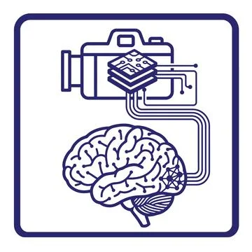 Camera sensor linked to human brain icon blue lines symbol for visual AI an.. 스톡 일러스트