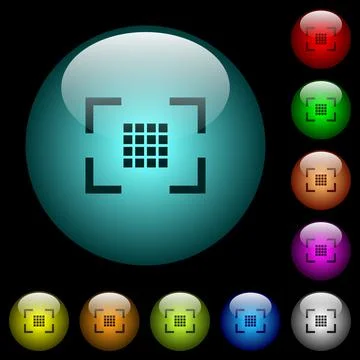 Camera sensor settings icons in color illuminated glass buttons Stock Illustration