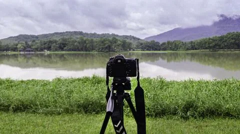 Camera setting with green landscape mountain nature, Peaceful green nature wi Stock Photos