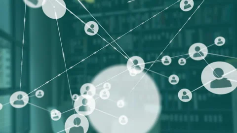 On camera settling over office, user-icon node appearing branching lines 스톡 동영상 315774367