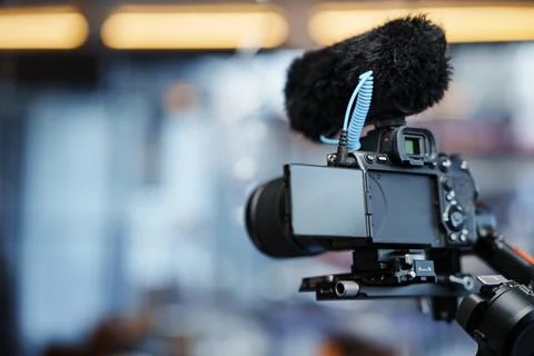 Camera setup with microphone at a studio for video recording Stock Photos