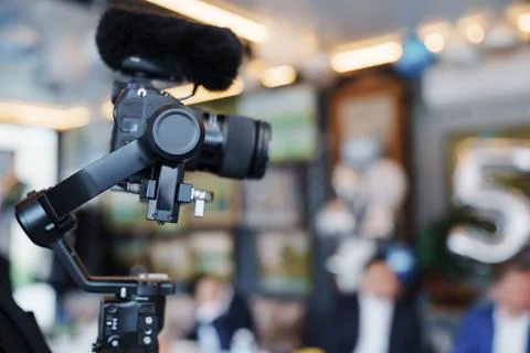 Camera setup for a recording session at an event in a restaurant Stock Photos